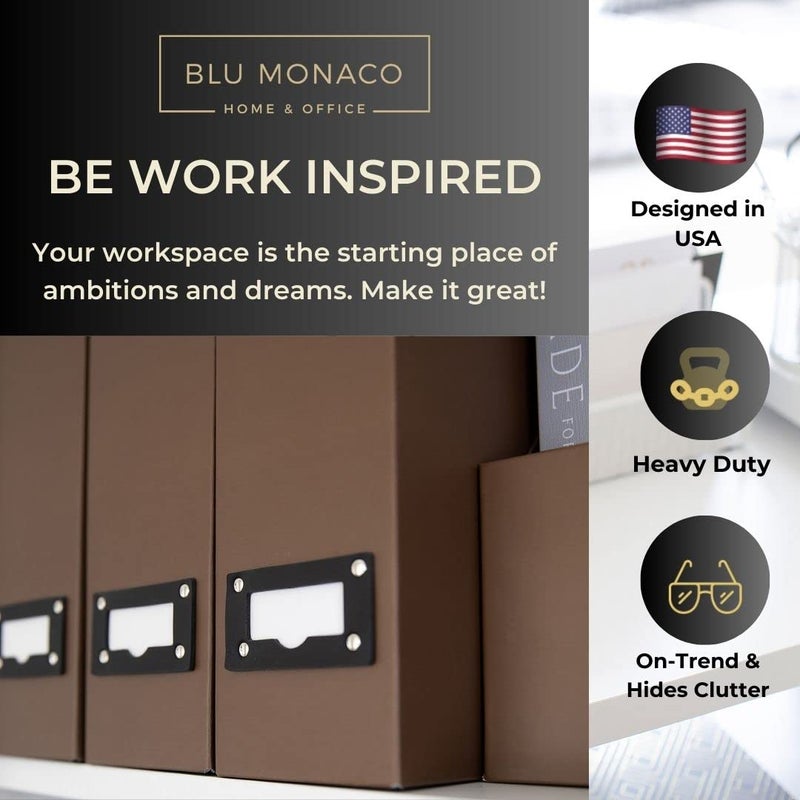 BLU MONACO | Cardboard Magazine File Holder Set of 6 | Vertical Magazine File Holder with Leather Label Slots | Standing File Holder and Cardboard Bins for Shelves Desk Office - Image 2